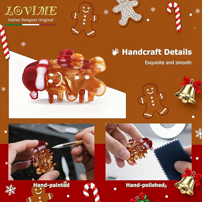 Original Italian Designed Mini Hair Claw Clips for Women- CHRISTMAS Gingerbread Men, Premium Acetate Small Claw, Non Slip Cute Hair Clips for Women with Gift Box