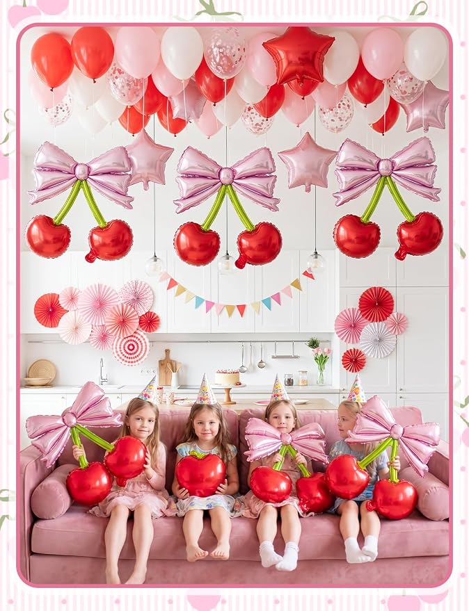 10Pcs Pink Bow Red Cherry Foil Balloons | - Image 6