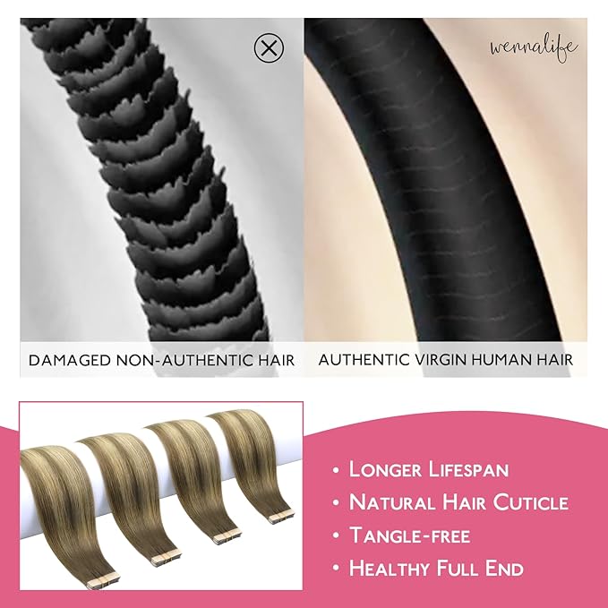 Wennalife Tape In Hair Extensions Human Hair Ombre Walnut Brown to Ash Brown and Bleach Blonde, 10pcs 25g 16 inch Remy Invisible Tape Ins Straight Real Human Hair Tape in Extensions
