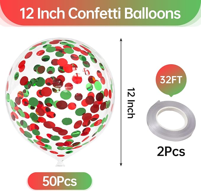 50pcs Red and Green Foil Confetti Balloons, 12 inch Latex Balloon - Image 3