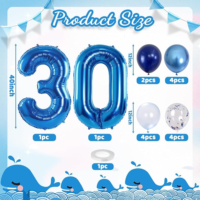 Number 30 Balloon Pastel Blue for Kids, XXL 30th Birthday Decor Foil Balloon - Image 2