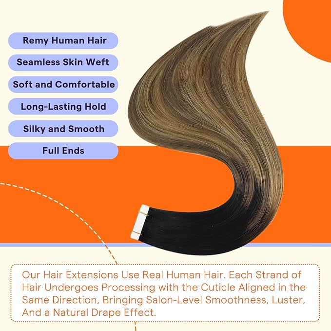 Full Shine Hair Extensions Real Human Hair Tape in Color 1B Dark Roots Fading to 6 and 27 Honey Blonde Straight Soft Tape Ins Human Hair Extensions 22 Inch Invisible Balayage Hair 50g 20PCS for Party