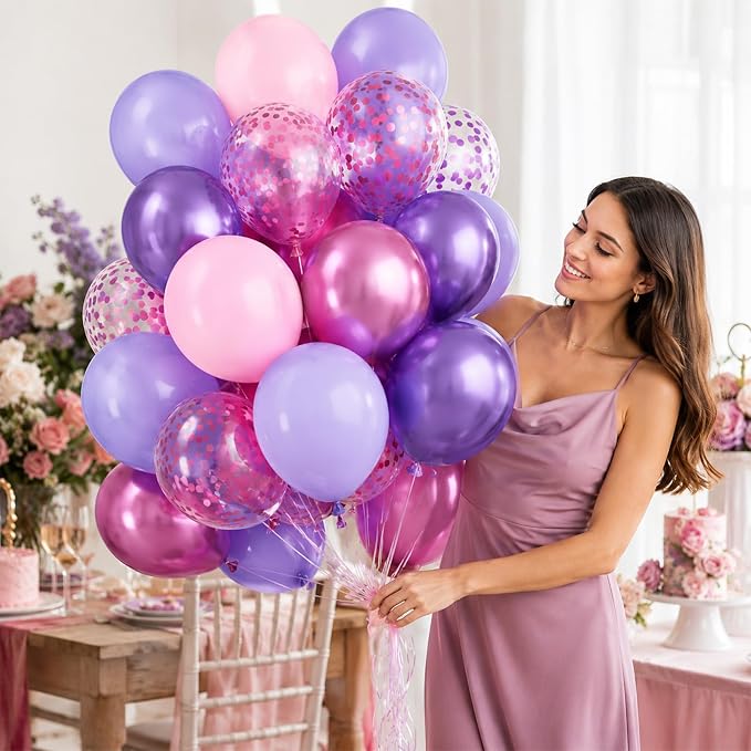 Pink and Purple Balloons, Metallic Purple Pink Latex Balloons - Image 2