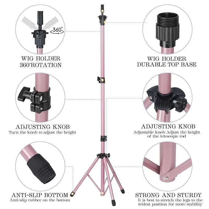 Auroras Adjustable Wig Stand Tripod, Mannequin Stand for Wig Tripod Stand, Mannequin Head Stand for Cosmetology Hairdressing Training, Pink (Mannequin Head Not Included)