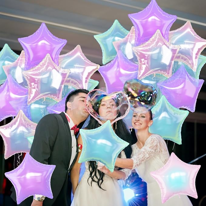 Iridescent Star Balloons, Gradient Iridescent Pink Purple Green Pentagram - Image 9
