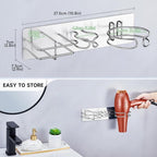 Blow Dryer Holder Wall Mounted Curling Iron Holder, 3 in 1 Hair Tool Organizer for Straightener, Curling Iron, Hair Dryer Holder Adhesive Flat Irons Storage for Bathroom Barber Shop (Silver)