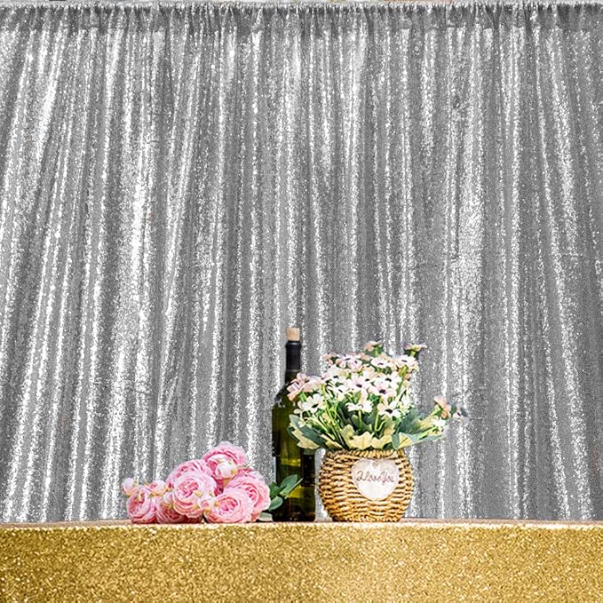 JYFLZQ Silver Sequin Backdrop Curtains 2ft x 8ft 4 Panel Glitter Photo Booth - Image 2