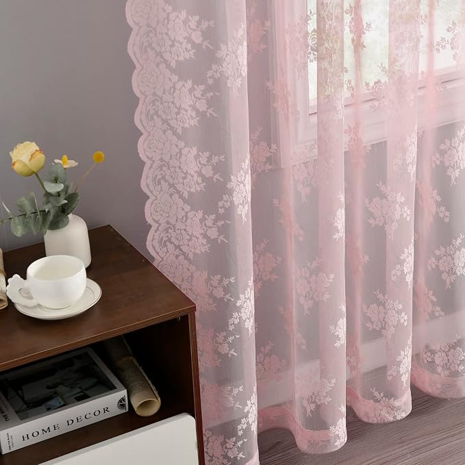 Kotile Pink Floral Lace Curtains - Image 6