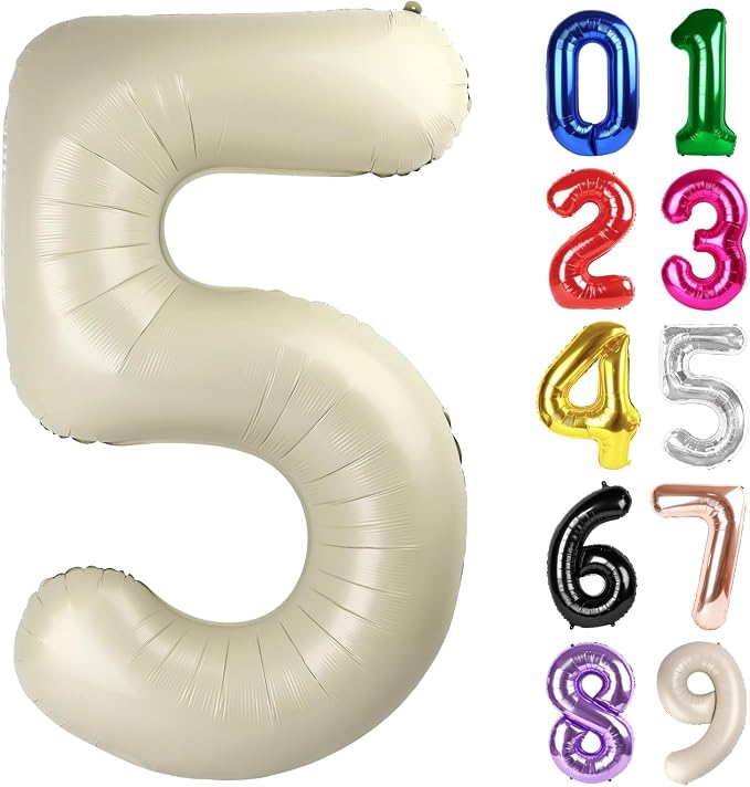 5 Balloon - Cream Birthday Number Balloons, 40 Inch Decorations Men Women | by ALPHADELTAPI