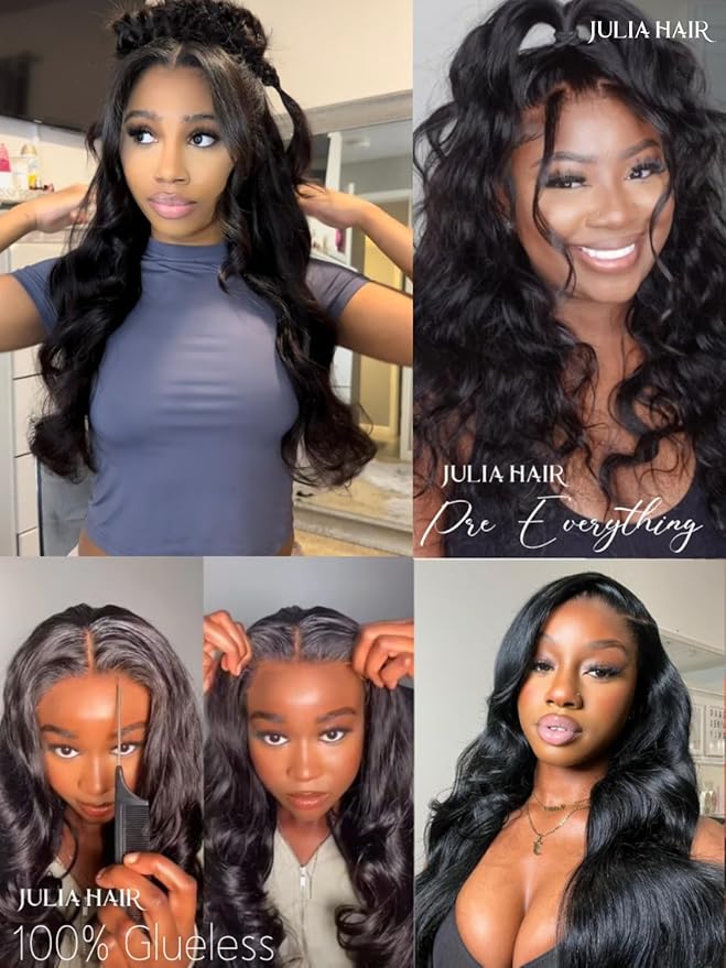Julia Hair Body Wave Glueless 13x4 Lace Front Wigs Human Hair 12A Pre Cut Lace Frontal Wig Pre Bleached Bye Bye Knots Pre Everything Put on and Go 180% Density Fast Wear Wigs Natural Color 16 Inch