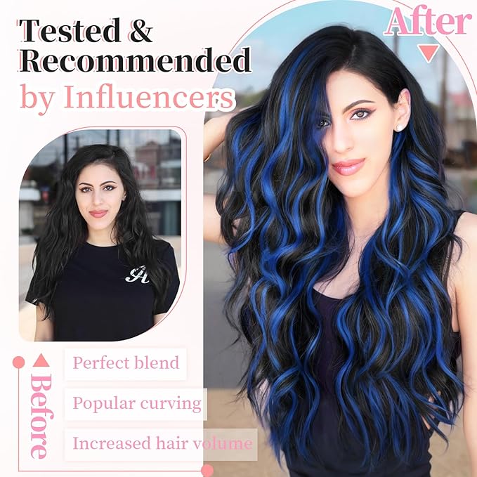 KooKaStyle Clip in Long Wavy Synthetic Hair Extension 20 Inch Blue - Black Streak 4PCS Thick Hairpieces Fiber Double Weft Hair for Women