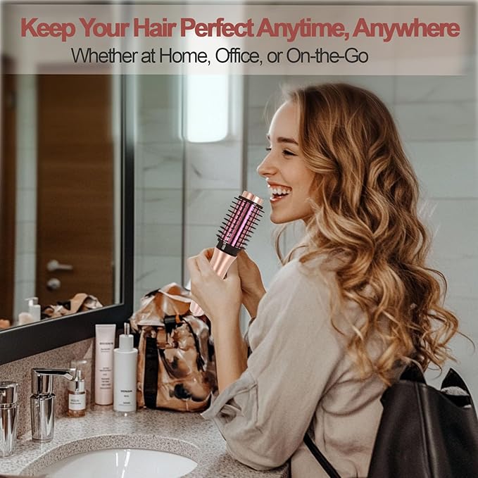 Youbella Cordless Hair Curling Iron Brush, Mini Travel Hot Straightener Comb, 3-in-1 Portable Wave Curling Wand, 1.5″ Ionic Heated Brush, USB Rechargeable Hair Curler, Pink – No Automatic Rotation