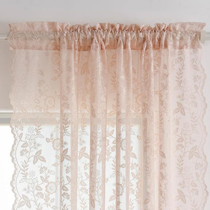 Blush Pink Floral Sheer Lace Curtains - Image 3