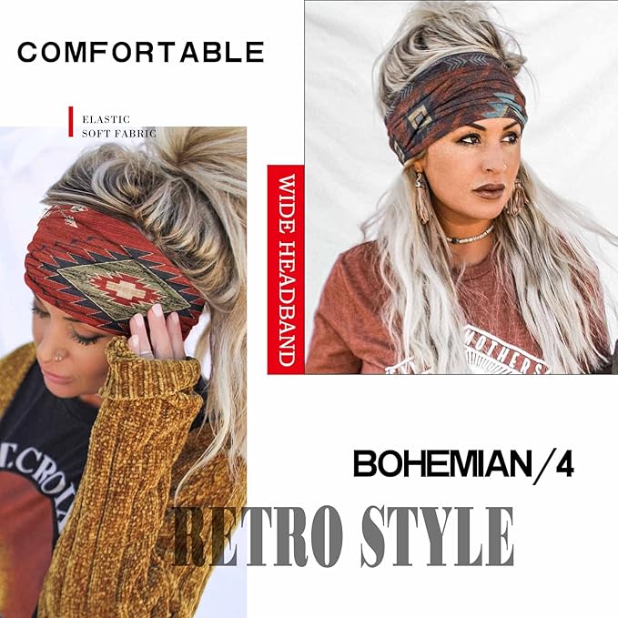 Olbye Wide Boho Headbands Turban Elastic Hairbands Nonslip Floral Bandana Workout Yoga Hair Scarfs Running Sweatband African Bohemian Head Wraps Fashion Hair Accessories for Women (C-Vintage)