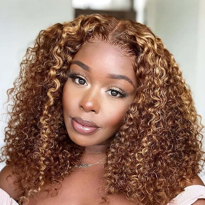 Water Wave Human Hair wig 13x4 Honey Blonde Deep Curly Human Hair wig 220% Density Ombre Deep Wave 4/27 Highlight Lace Front Wigs Wet And Wavy Water Wave Wig for Women 18 Inch