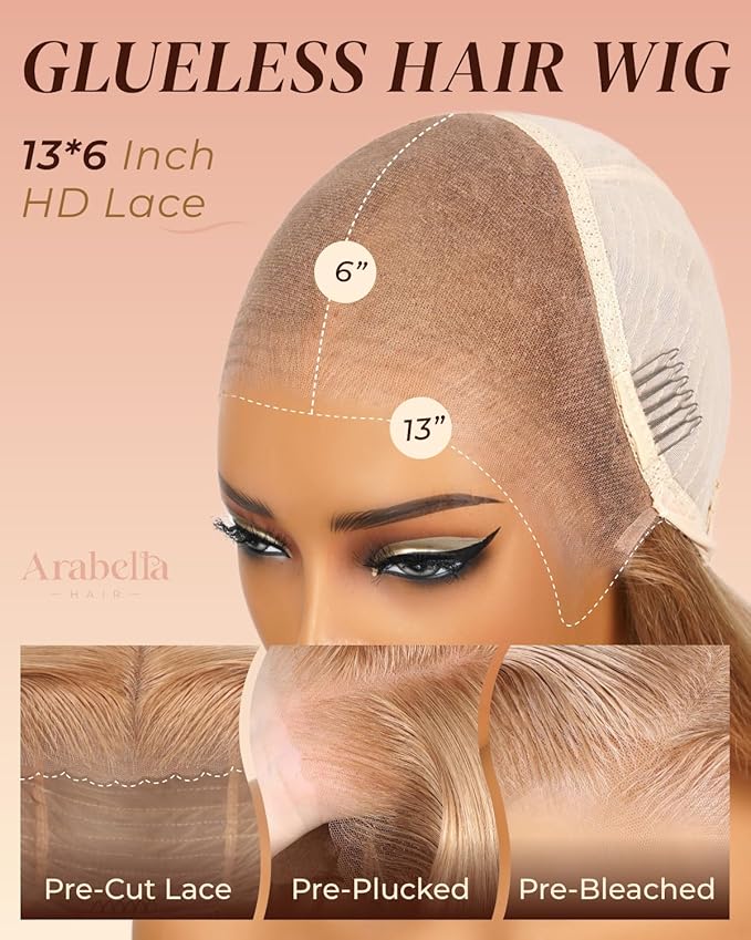 Arabella 13x6 Light Brown Blonde Wig Human Hair Glueless Wigs Human Hair Pre Plucked Pre Cut 13x6 Ear to Ear Full HD Lace Front Wigs 210% Density Straight Wig Drawstring Wig Human Hair 20 Inch