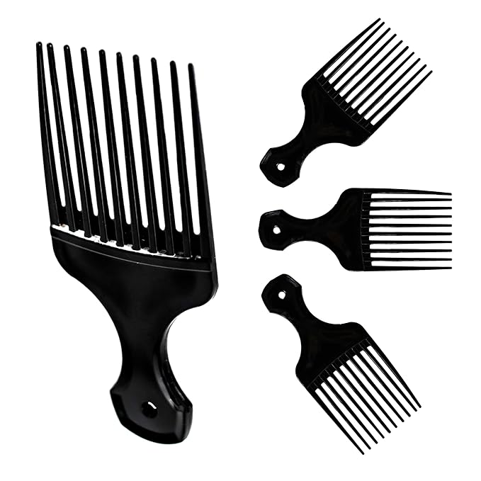 Plastic Hair Pick Comb – Wide Tooth Afro Lift Picks - Pack of 4 Combs - 5.25 Inch - for Styling Lifting Detangling Adding Volume for Long Curly and Thick Hair, Wigs and Beards for Men & Women