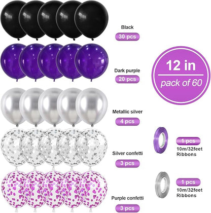 Purple Black Balloons Set, Metallic Black Silver Purple Confetti Balloons Latex - Image 2