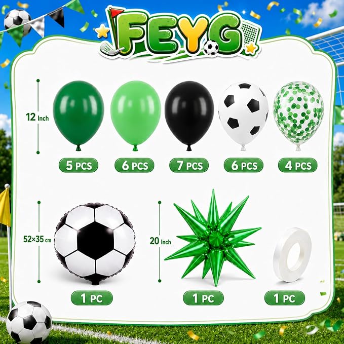 Soccer Balloons for Sports Party Decor | 12 Inch Black Green Soccer Printed - Image 2