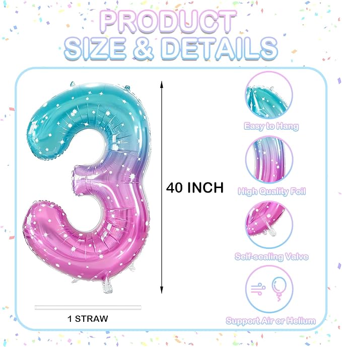 Number 3 Foil Balloon with Crown, 40-Inch Gradient | Gradient star print number - Image 2