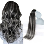 Sunny Hair Tape in Hair Extensions Real Human Hair Invisible Remy Hair Extensions Tape ins for Women Natural Black Roots to Silver Grey Balayage 14 inch 20Pcs 50G
