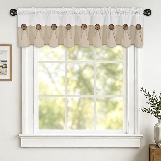 Farmhouse Valance Curtains, Boho Cotton Linen Kitchen Valance, Rustic Button - Image 3