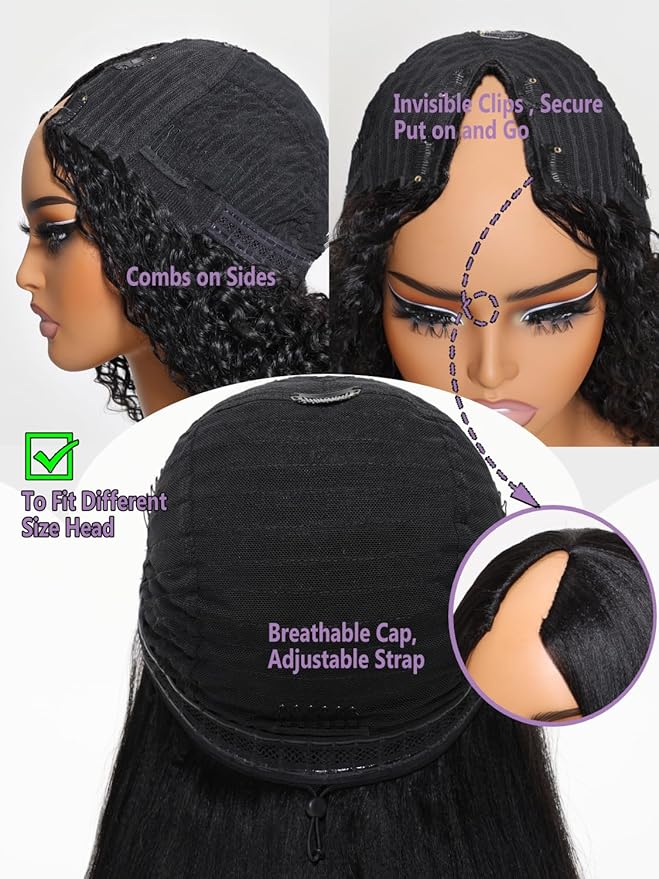 YIROO EasiContour V Part Wigs Ombre Brown Glueless Human Hair Upgrade U Part Wig with Dark Roots Highlight V Shape Clip Wigs Beginner Friendly with Drawstring Ready to Wear Chestnut Brown Color 18Inch