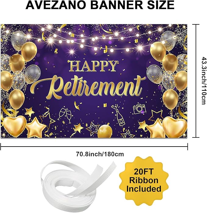 Happy Retirement Backdrop Purple and Gold Happy Retirement Sign Banner Photo - Image 3