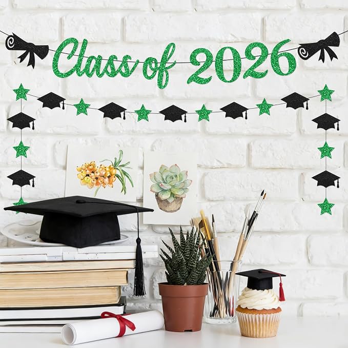 Black and Green Graduation Banner 2026, GlitterGreen Class of 2026 Banner - Image 6