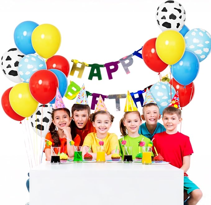 68Pcs Red Yellow Blue Toy Balloons 12 Inch Light Blue Cloud Cow Print Balloons - Image 5