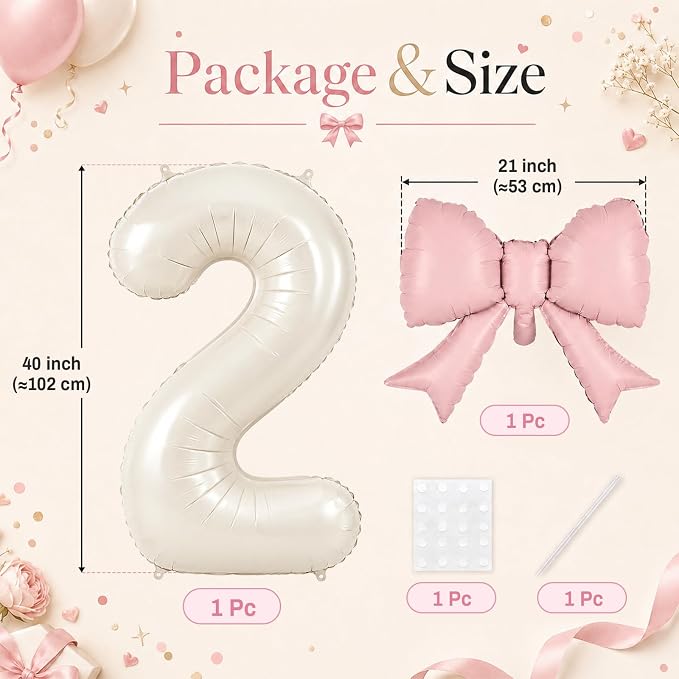 Cream 2 Balloons with Pink Bow Balloons, 40 Inch Giant Self Inflating Beige - Image 2