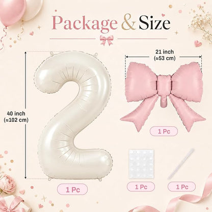 Cream 2 Balloons with Pink Bow Balloons, 40 Inch Giant Self Inflating Beige - Image 2
