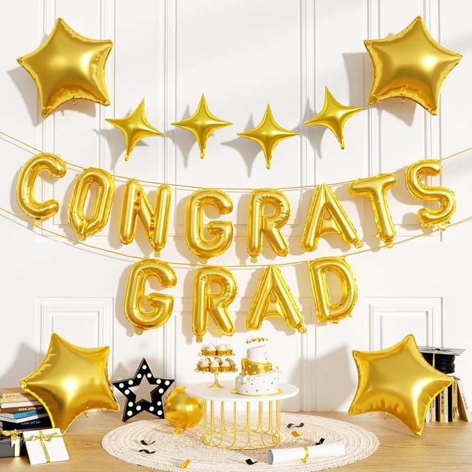 Congrats Grad Balloons, 16 Inch Gold Congrats Grad Letters Banner Balloons by FunHot