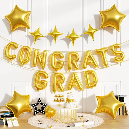 Congrats Grad Balloons, 16 Inch Gold Congrats Grad Letters Banner Balloons by FunHot