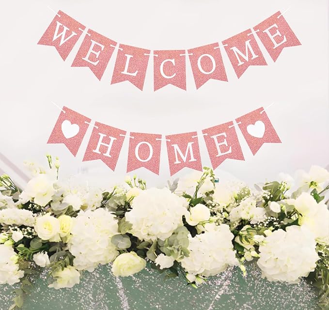 Welcome Home Banner Decorations Glitter Rose Gold Bunting Backdrop - Image 6