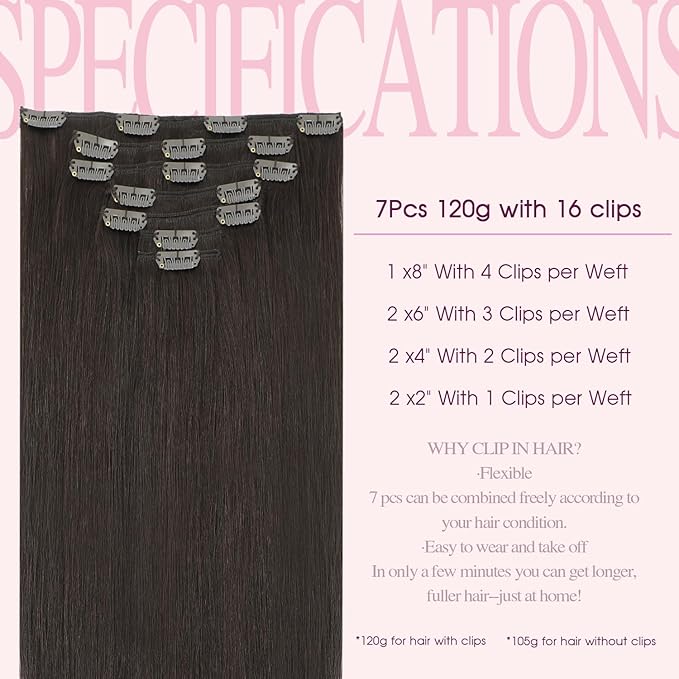 PINKPEARL Human Hair Extensions Clip ins 22inch Clip in Hair Extensions #2 Dark Brown Real Human Hair Clip on 120g 7pcs Remy Hair Clip ins for Women(#2-22)