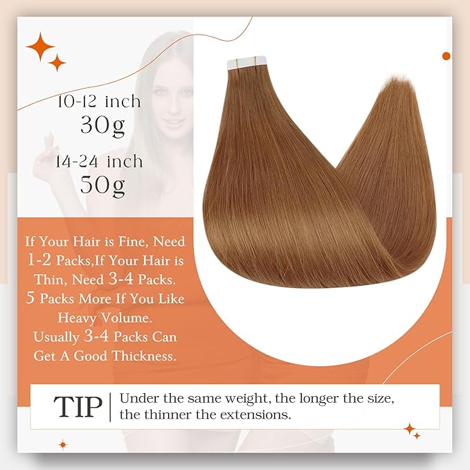 Full Shine Tape in Hair Extensions Human Hair Color 330 Copper Brown Tape in Extensions Human Hair Orange Seamless Skin Weft Invisible Extension for Women Add Length 22Inch 50G 20Pcs
