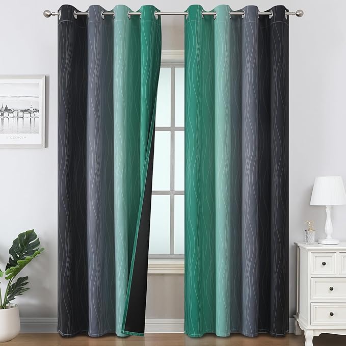 Green & Black Ombre Blackout Curtains 96 Inch Length 2 Panels, Light Blocking by ESTELARTEXTILER