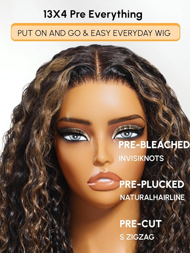 Julia Hair Golden Brown Highlight Water Wave and Jerry Curly Wig Mixed Curls 13X4 Lace Front Pre Everything Wigs Glueless Human Hair Lace Frontal with Invisi Drawstring Ready to Go 16 Inch