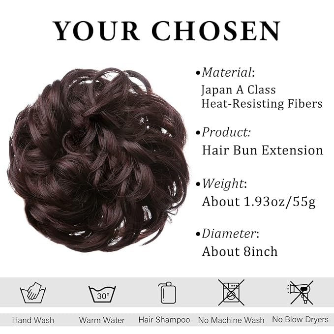 CJL HAIR Large Messy Bun Hair Piece Wavy Curly Scrunchies Synthetic Chignon Ponytail Hair Extensions Thick Updo Hairpieces for Women Chocolate Brown