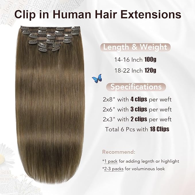 XDhair Clip in Hair Extensions Human Hair,120g 18 Inch Ash Brown Clip in Remy Hair Extensions Straight for Women 6 Pieces (#8,18Inch)