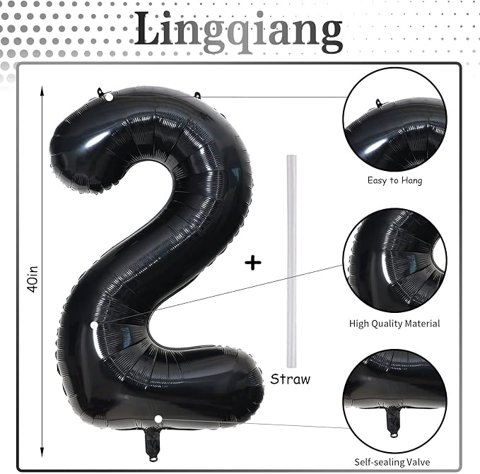 Black Foil Balloon Number 2, Large Number 2 Helium Balloon - Image 2