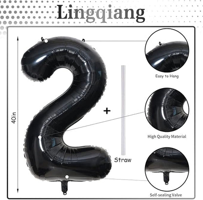 Black Foil Balloon Number 2, Large Number 2 Helium Balloon - Image 2