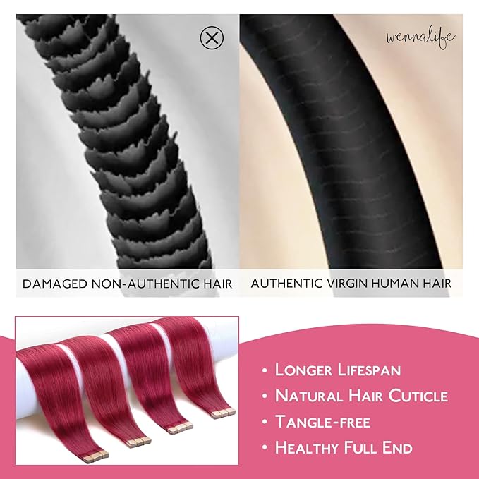 WENNALIFE Tape in Hair Extensions Human Hair Burgundy Red Tape in Extensions, 10pcs 20g 10 inch Remy Invisible Tape Ins Straight Colored Soft Real Human Hair Tape in Extensions Refill Set Extensions