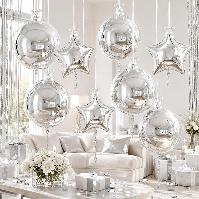 9 Pcs Silver Round Foil Balloons and Star Balloons 22/18 4D Ball Balloon - Image 5