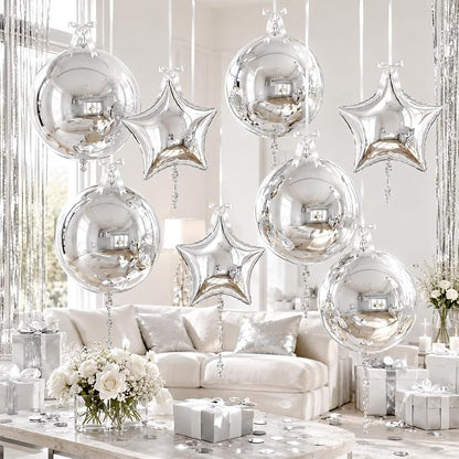 9 Pcs Silver Round Foil Balloons and Star Balloons 22/18 4D Ball Balloon - Image 5