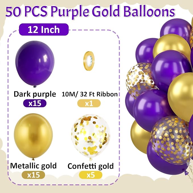 Paready Purple and Gold Balloons, 12 Inch Retro Purple Metallic Gold Confetti - Image 2