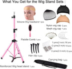 Reinforced Wig Stand Tripod 55" Heavy Duty Adjustable Mannequin Head Stand Tripod for Styling Cosmetology Hairdressing Training, Pink Wig Head Stand Sets with Wig Caps,Comb,Hair Clips, T-Pins,Headband