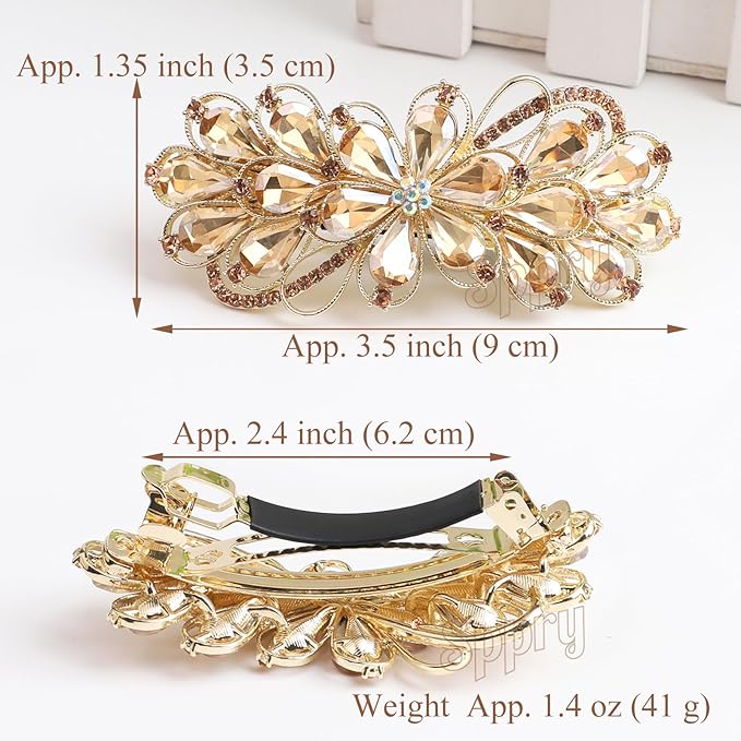 Large Gorgeous Rhinestone Hair Barrette for Women, Flower Jewelry Design (Champagne)