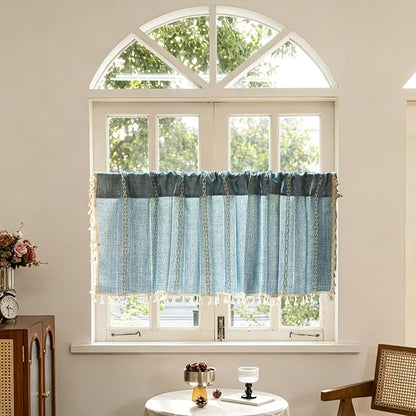 Sutuo Home Blue Boho Curtain 52W x 18L inch White Striped Light Filtering Short - Image 2